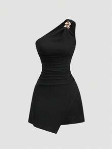 Sweetra Y2K Sexy Asymmetric Shoulder Textured Fabric Pleated Buttoned Versatile Elegant Commuter Dress - Black - View 1