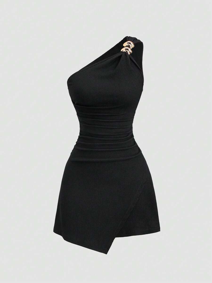 Sweetra Y2K Sexy Asymmetric Shoulder Textured Fabric Pleated Buttoned Versatile Elegant Commuter Dress - Black - View 1