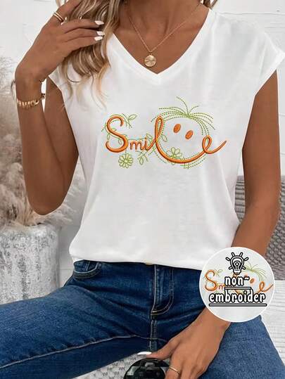 EMERY ROSE 微笑可爱图案V领短袖T恤，女士春夏款