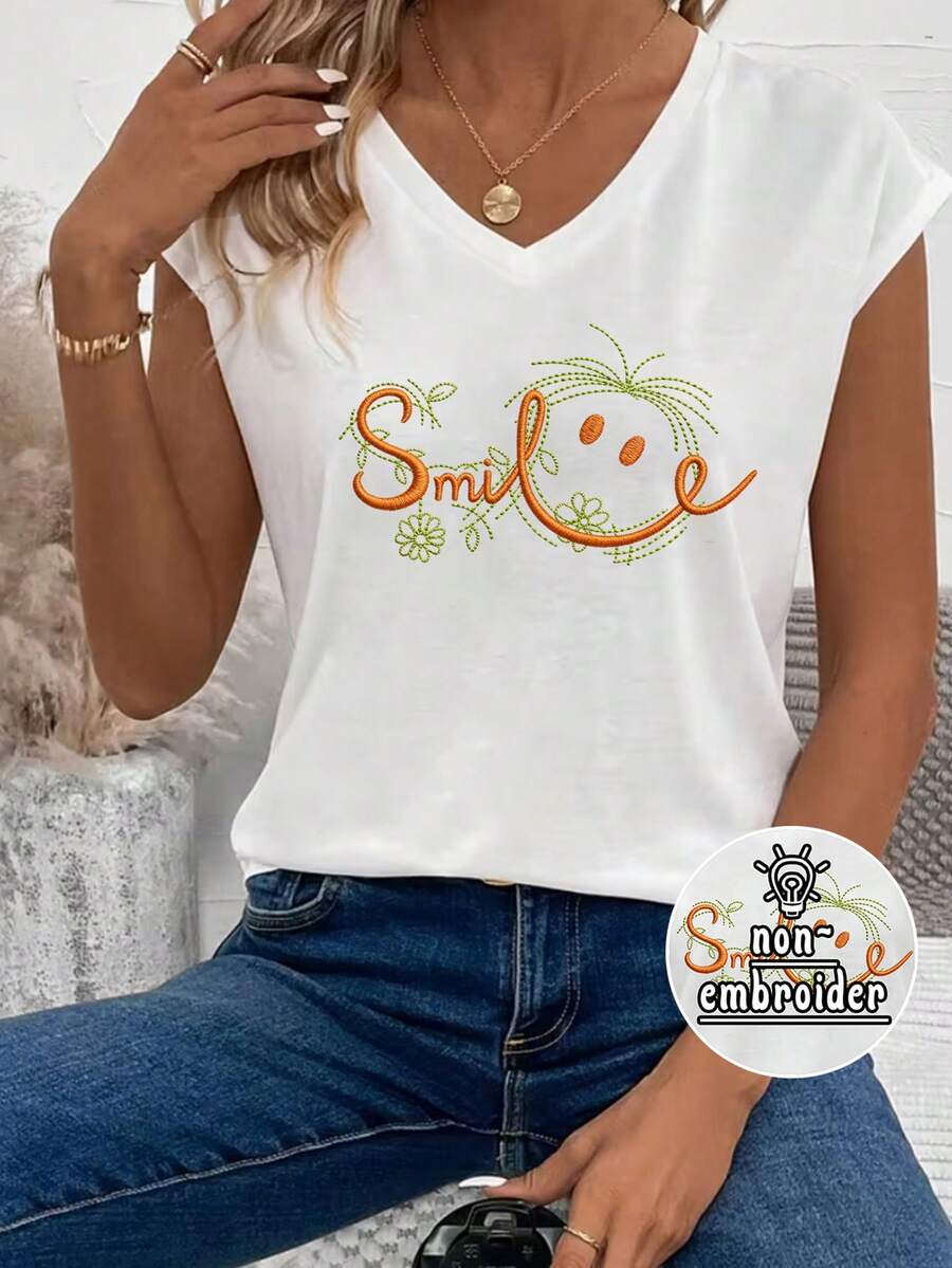 EMERY ROSE Áo thun ngắn tay cổ chữ V họa tiết dễ thương hình mặt cười dành cho nữ, thích hợp cho mùa xuân/hè. - trắng - Xem 1