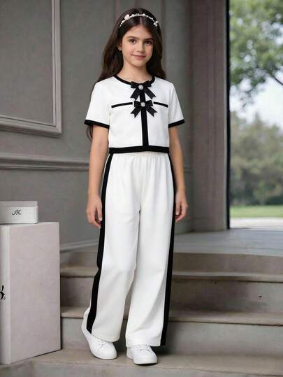 SHEIN 少女T恤套装，休闲与正式皆宜，优雅返校季单品，黑白撞色珍珠纽扣上衣搭配直筒撞色裤