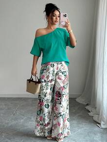 Selianne 2pcs/Set Summer Casual Cold-Shoulder Top And Floral Print Pants - Green - View 4