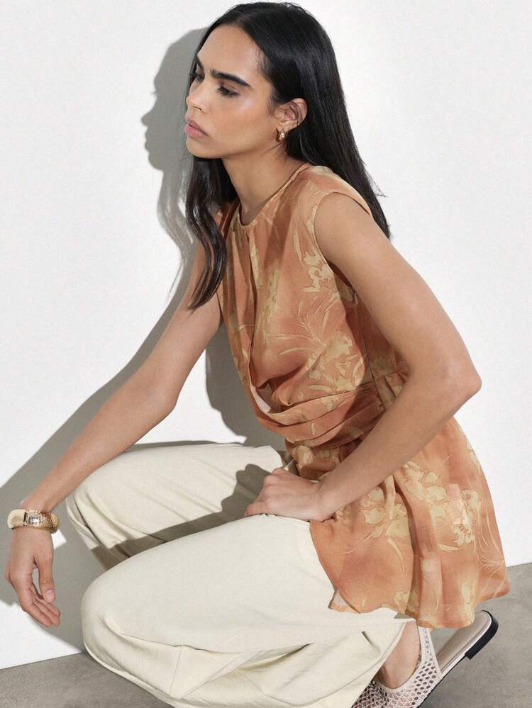 KSTM Asymmetric Draped Peplum Blouse With Floral Print And Tie Detail For Spring Summer Elegant Occasion Wear
