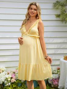 SHEIN 纯色V领荷叶边系带休闲孕妇连衣裙 - 黃色 - 查看 3