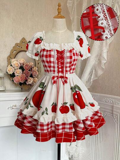 Sweetra Plus Size Short Sleeve Puff Sleeve Frill Trim Bow Tie Apple Print Plaid Tiered Hem Cake Dress, Elegant Sweet Cute For Vacation, Date, Girl's Party