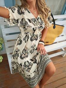 Louniche Women's Casual Vacation Print V-Neck Fringe Splice Raglan Sleeve Waist A-Line Midi Dress, Spring/Summer - Multicolor - View 5