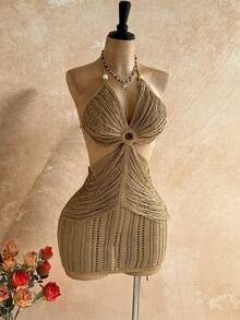 Soleia 女士露背吊带迷你针织度假沙滩裙 - 杏色 - 查看 5