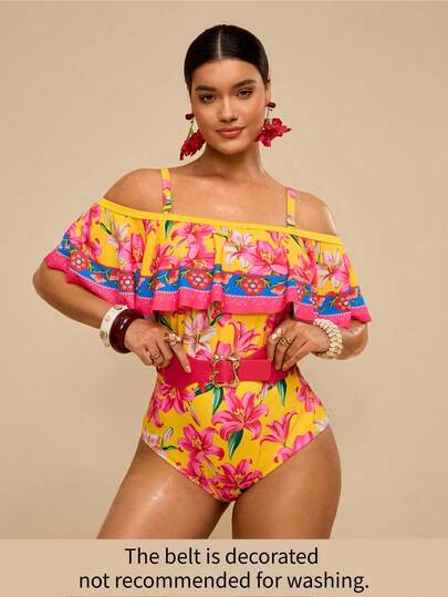 Travachic Plus Size Women's Colorful Floral Print Swimsuit With Off-Shoulder Ruffle Trim, Detachable Strap, Waist Belt Decor