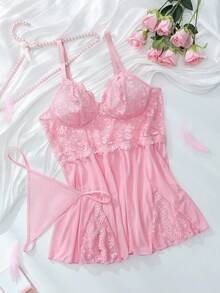 SHEIN Set de 2 piezas lencería talla grande - Camisón con abertura frontal de encaje y malla + tanga - Rosa - Ver 5