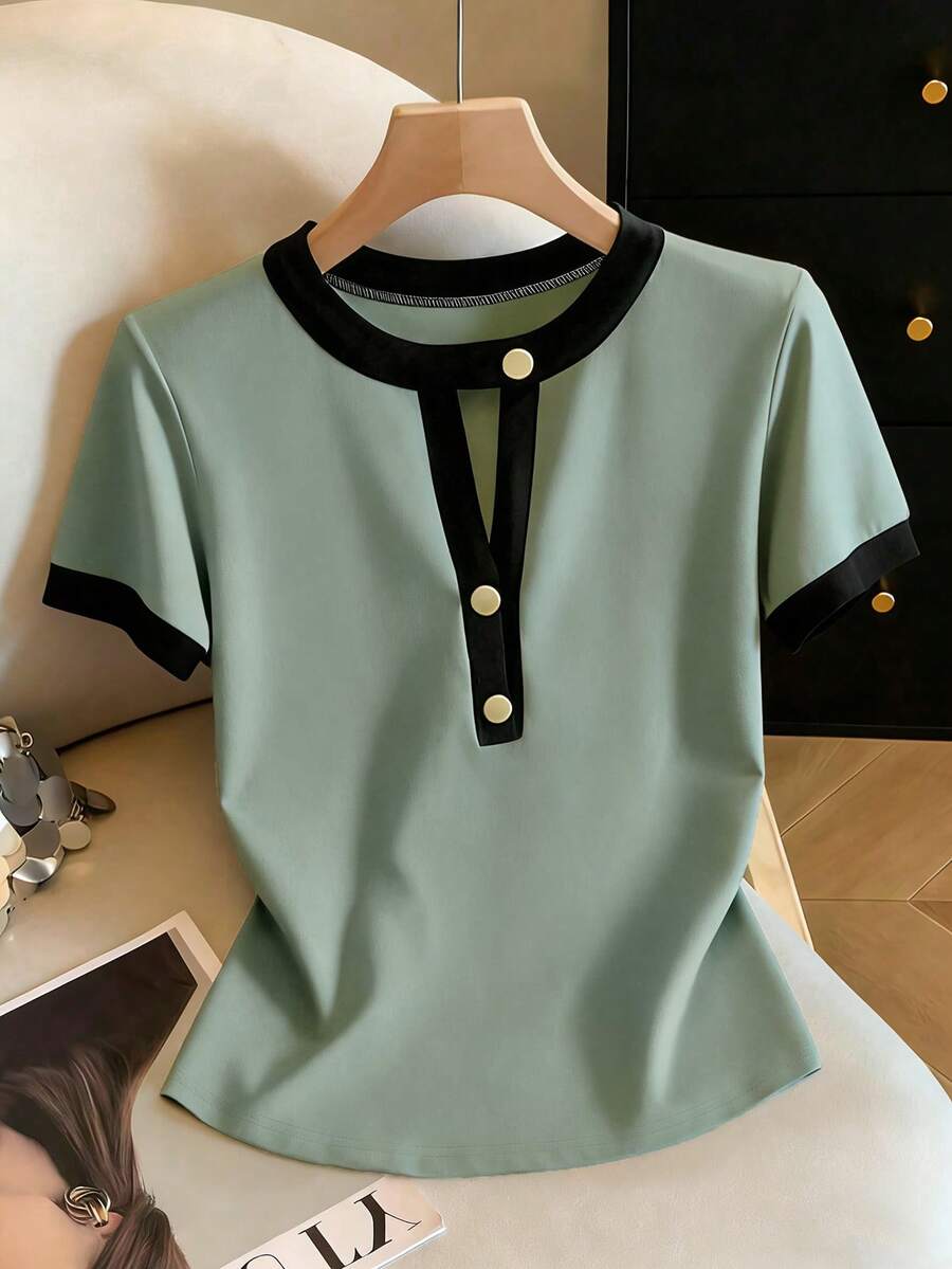 Franclia 女士新款圆领撞色滚边半开襟金属纽扣短袖修身露脐上衣 - 綠色 - 查看 1