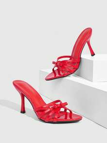 CUCCOO SZL Ladies Square Toe Stiletto Bow Bright Wind Dinner Dating Summer Red Patent Leather Sandals - Red - View 3
