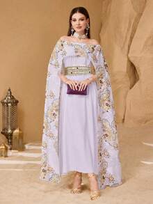 Layrah Elegant Floral Decor Women's Cinched Waist Flattering Midi Dress - Mauve Purple - View 3