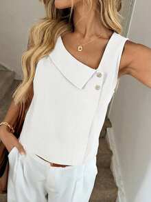 Easowa 女士纯色纽扣无袖优雅夏季衬衫 - 白色 - 查看 3