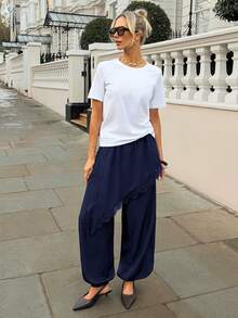 Siren Gaze Quần nữ thời trang thường ngày, kiểu dáng mới, phối ren tương phản, cạp chun. - Màu xanh lam - Xem 4