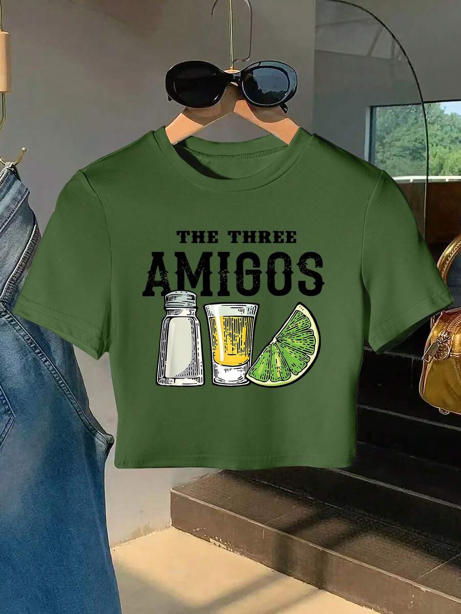 Casual Solid Color Fitted Cropped T-Shirt - Green - View 1