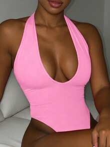 INAWLY Bộ đồ liền thân hở lưng cổ chữ V sâu cho nữ, mùa hè - Hồng - Xem 1