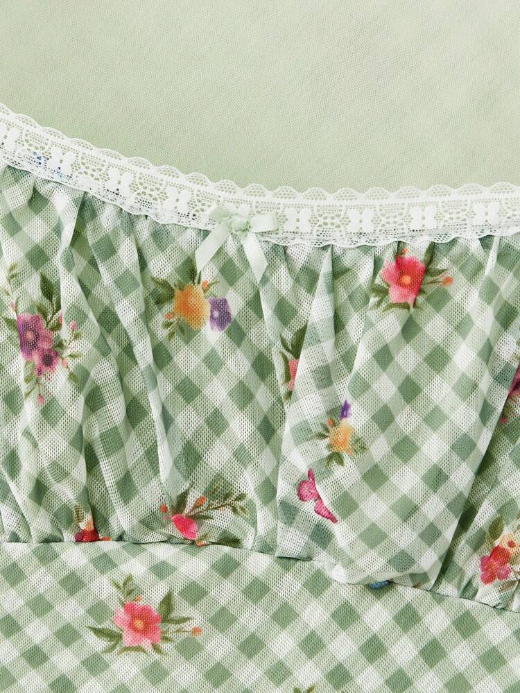 Süßer Stil grünes florales Karomuster Figurbetontes Mesh Midi Kleid mit Spitzendetails