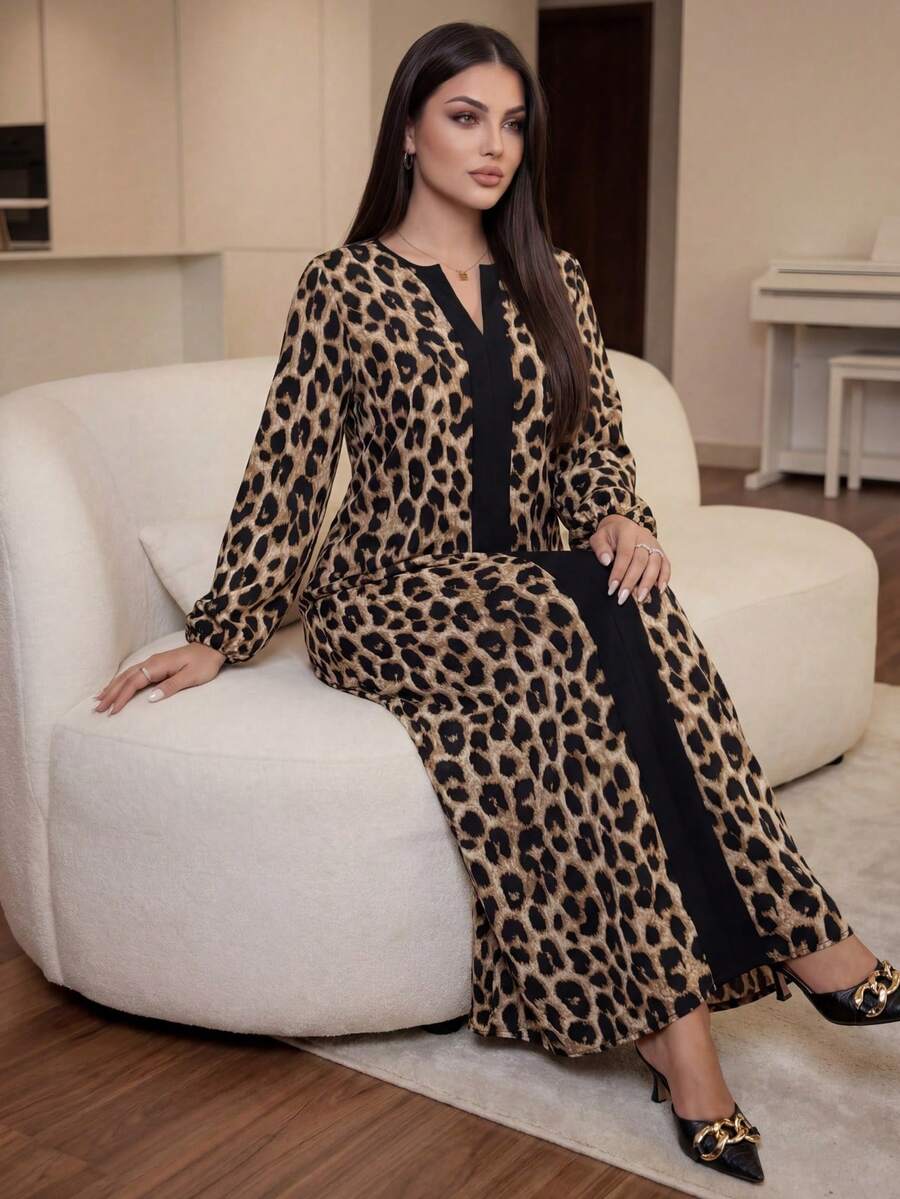 SHEIN Lady CURVE Đầm họa tiết da báo dài tay cổ chữ V dáng rộng thời trang cỡ lớn