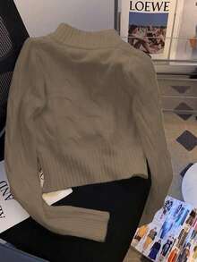 Resyla 女士时尚双拉链长袖毛衣，秋冬款 - 卡其色 - 查看 2