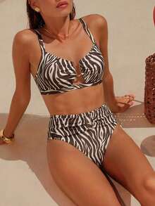Swim Chiccia 2026春夏棕色粗肩带可调节后背金色U型装饰高腰荷叶边设计女士优雅比基尼泳装两件套 - 彩色 - 查看 1