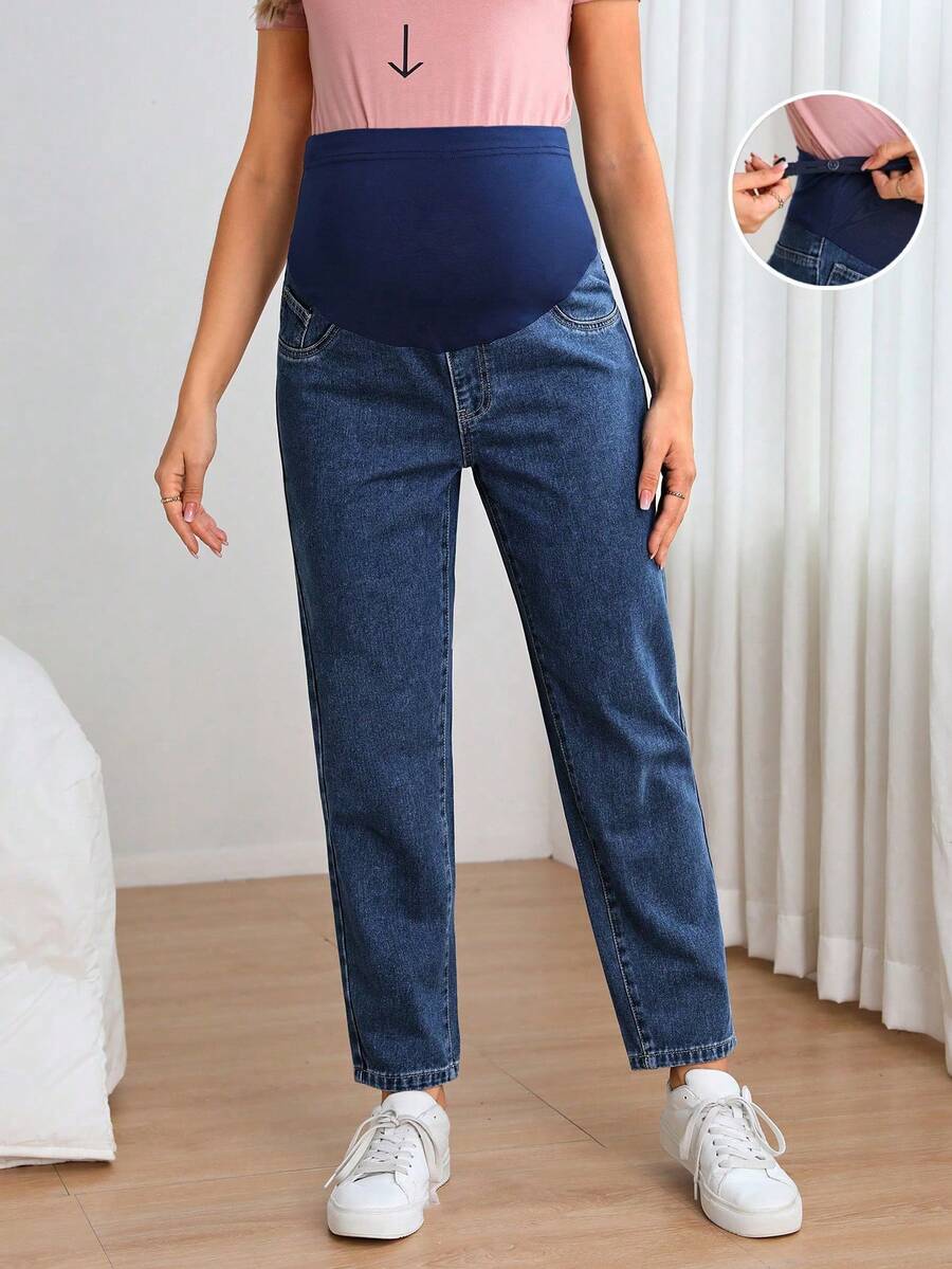 SHEIN 孕妇纯色休闲牛仔裤 - 中等水洗藍 - 查看 1