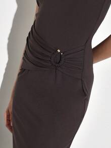 KSTM Women's Sleeveless V-Neck Bodycon Midi Dress With Twist Back Detail And Ruched Waist For Casual Evening Occasions - Coffee Brown - View 6