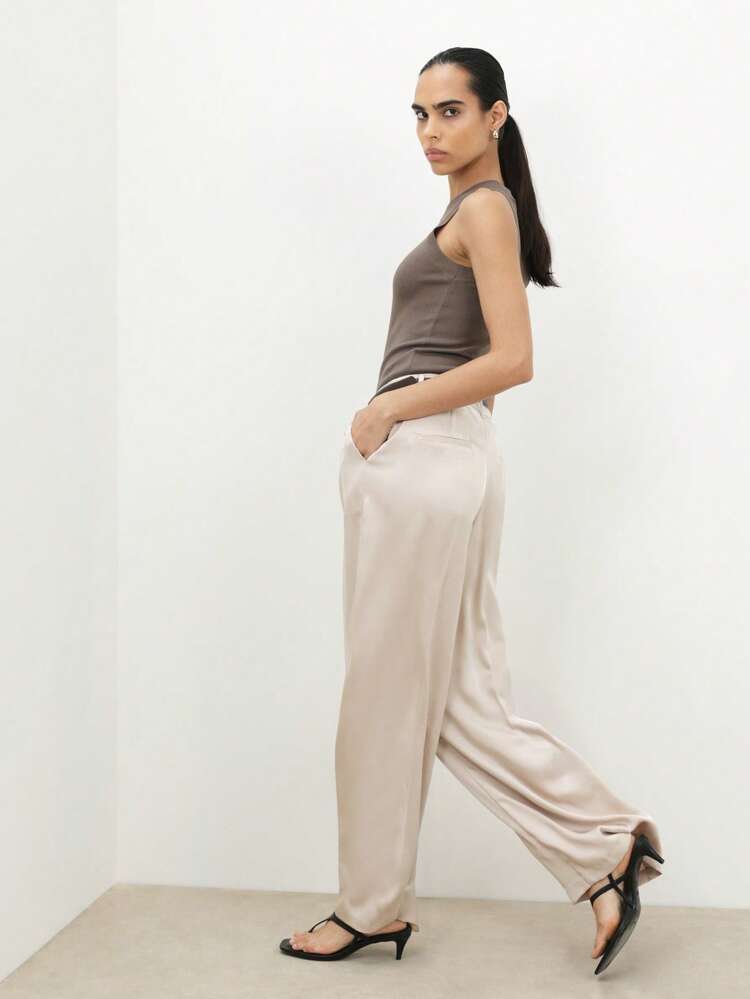 KSTM Women's Satin Wide Leg Suit Pants High Waisted Palazzo Trousers Office Business Professional Formal