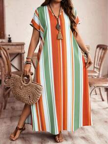 EMERY ROSE 大码夏季度假条纹V领蝙蝠袖侧开衩连衣裙，夏季沙滩度假装，波西米亚风女装，度假连衣裙，条纹夏季连衣裙，夏季休闲连衣裙，长款夏季连衣裙，女士夏季连衣裙，女士野餐连衣裙，女士沙滩装，女士休闲连衣裙，女士夏季沙滩装，女士休闲度假装，女士乡村音乐会服装，荷叶边 - 彩色 - 查看 1