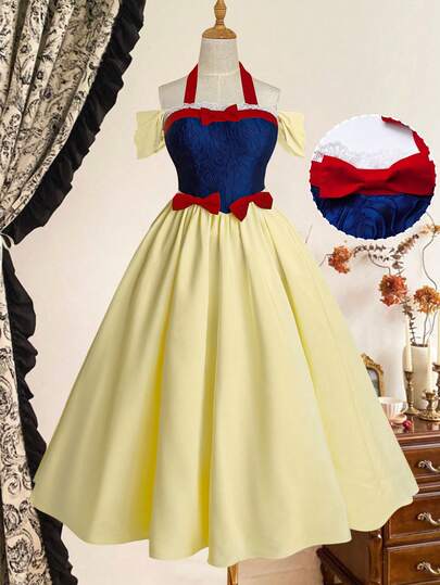 Sweetra Vestido elegante y dulce para mujer de talla grande con escote halter, lazo, jacquard, contraste de color, mangas colgantes y ocasiones como cóctel, fiesta, vacaciones y citas