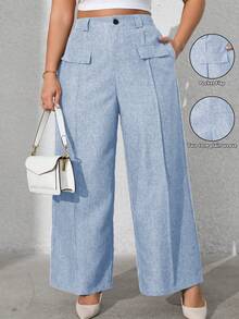 Vionelle 大码女式纯色前袋休闲西装裤阔腿裤女士阔腿裤女士休闲裤女士阔腿裤女士夏季裤装 - 淺藍色 - 查看 1