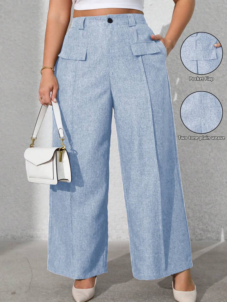 Vionelle 大码女式纯色前袋休闲西装裤阔腿裤女士阔腿裤女士休闲裤女士阔腿裤女士夏季裤装 - 淺藍色 - 查看 1