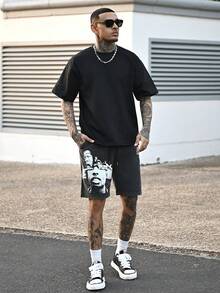 Devon Thys Zhuo Tianxi Men's Summer Casual Snowflake Print Shorts - 黑色 - 查看 1