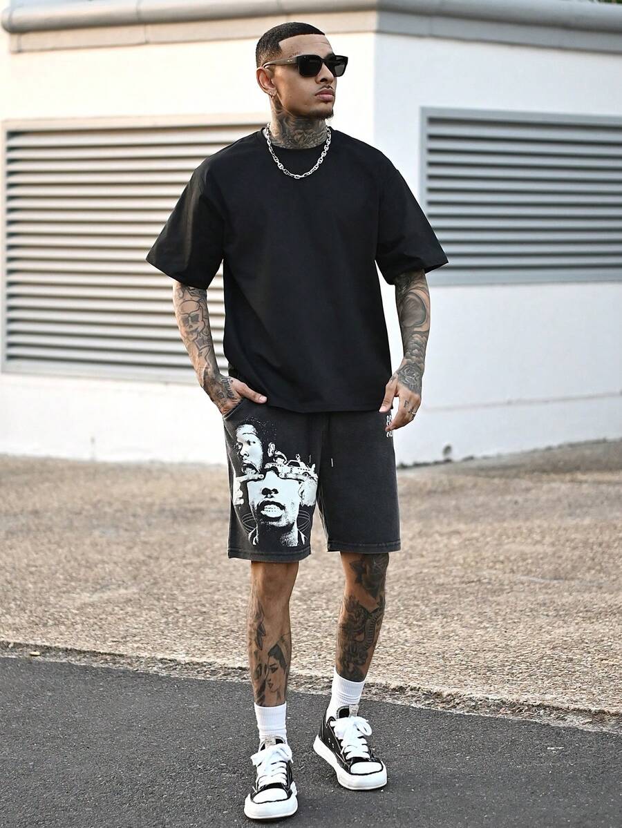 Devon Thys Zhuo Tianxi Men's Summer Casual Snowflake Print Shorts - 黑色 - 查看 1