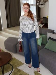 Gretanique Áo thun tay loe xếp nếp họa tiết chấm bi thời trang nữ - Màu be - Xem 1