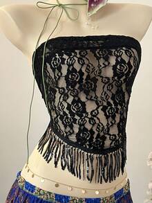 INAWLY Women's Solid Color Lace Sheer Fringe Hem Bandeau Sleeveless Top - Black - View 5