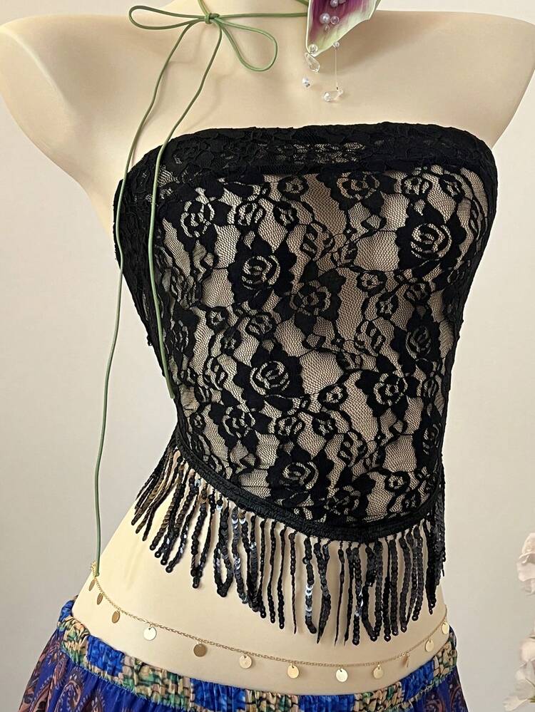 INAWLY Women's Solid Color Lace Sheer Fringe Hem Bandeau Sleeveless Top - Black - View 5