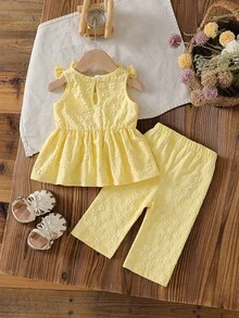 SHEIN 女婴黄色碎花无袖上衣搭配黄色裤子，饰有蝴蝶结，适合日常外出、运动、户外玩耍和度假。 - 黃色 - 查看 2