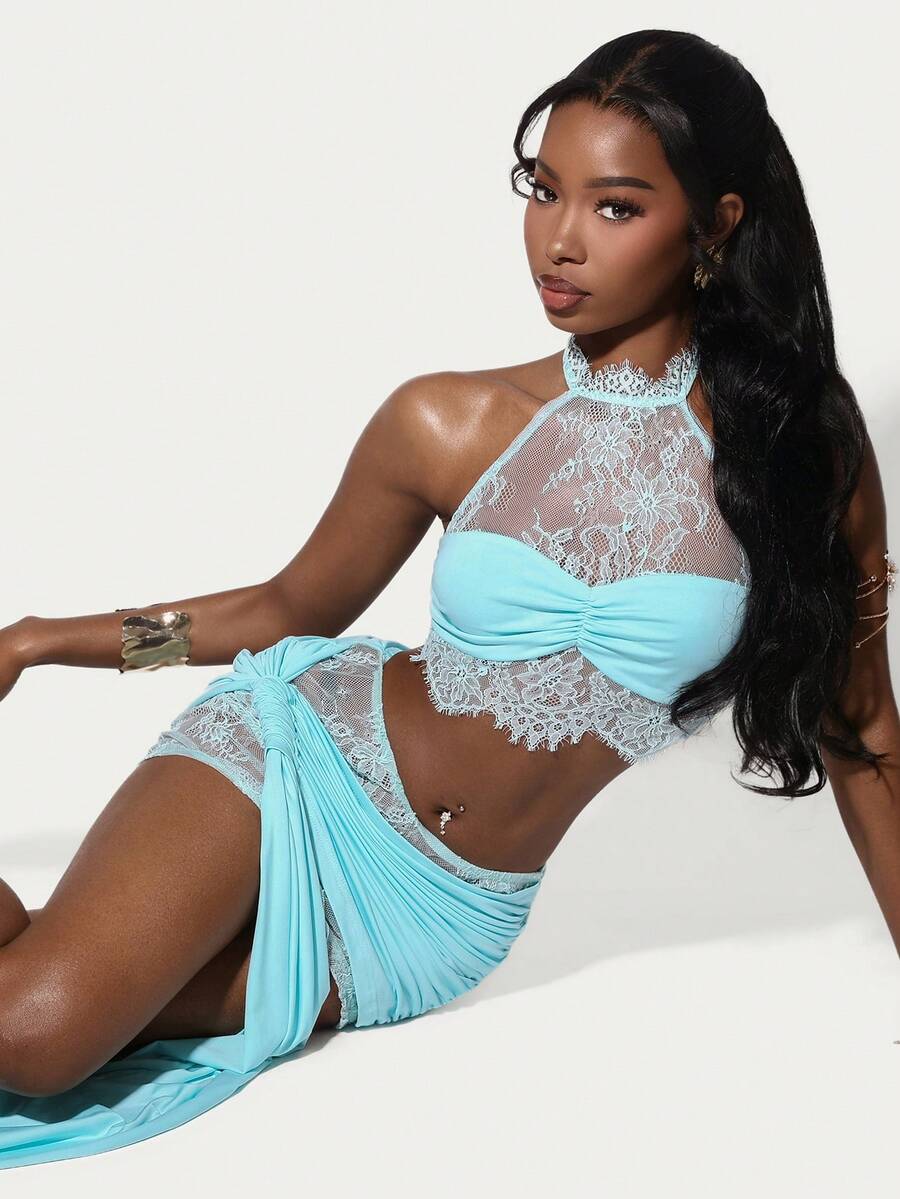 Amplova Women's Lace Halter Backless 2-Piece Set,Baby Blue Elegant Mini Skirt And Top,Cup Details Summer Bikini Set With Cover Up,Perfect For Party - Baby Blue - View 1