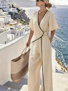 Breezaya 女士优雅宽松交叉领撞色饰边腰部阔腿连体裤，夏季 - 卡其色 - 查看 2