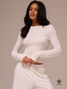 MUSERA ESSENTIALS Fitted Pointelle Longsleeve Crewneck Top Coord Top Only Spring Winter Cosy Cute Daily Girly Lounge Essential Summer Easter - Cream - View 1