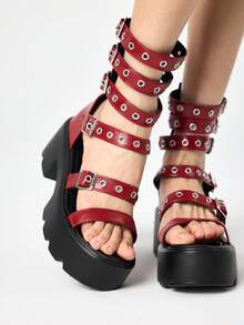 ROMWE Grunge Punk Giày sandal nữ phong cách Goth Rock Punk, hở mũi, quai da, đế cao, gót dày, thích hợp cho mùa hè, đi biển hoặc Halloween. - Đỏ - Xem 4