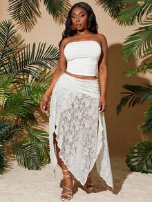 SHEIN SXY 大码性感蕾丝高开衩裙 - 白色 - 查看 7