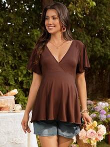 SHEIN Camiseta casual de maternidad con cuello en V y mangas con volantes de unicolor para mujeres - Marrón - Ver 4