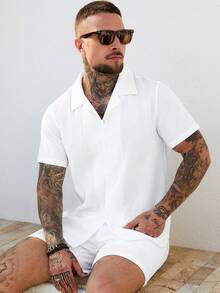 Manfinity Homme 男士休闲纯色短袖衬衫套装 - 白色 - 查看 4