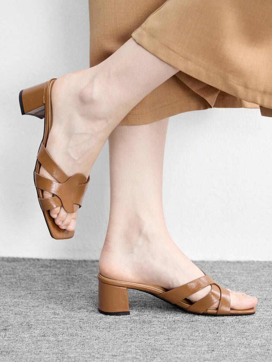CUCCOO BIZCHIC Ladies Brown Crossstrap High Heel Sandals, Square Toe Comfort High Heel Sandals Commuter Style Sandals - Brown - View 1