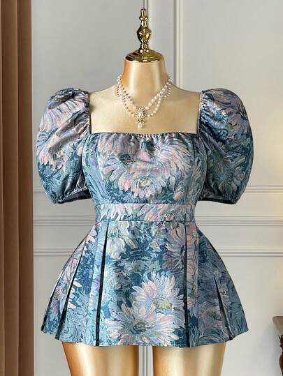 Rometta Plus Size Women's Elegant Vintage Casual Printed Minimalist Square Neck Petal Sleeve Backless Cinched Waist Pleated Hem Casual Vacation Blouse