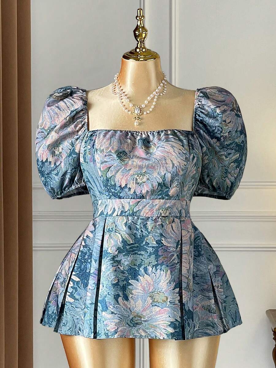 Rometta Blusa casual de vacaciones para mujer de talla grande, elegante y vintage, con estampado minimalista, cuello cuadrado, mangas de pétalo, espalda descubierta, cintura ceñida y bajo plisado - Azul - Ver 1