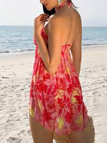 Swim Vcay Women's Red Floral,Summer,Boho,Beach Vacation,Holiday Tropical Plant Print Strapless Semi-Sheer Dress,Tummy Concealing Swimsuit Cover Up Beach Dress - Multicolor - View 2
