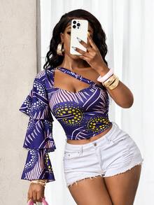 BamGleam 不规则花卉印花单肩衬衫，藏蓝色底，饰以粉紫色几何波点图案，不对称喇叭袖，短款修身衬衫 - 彩色 - 查看 6