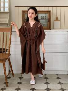 DAZY 少女拼接设计连衣裙，秋季款 - 棕色 - 查看 2